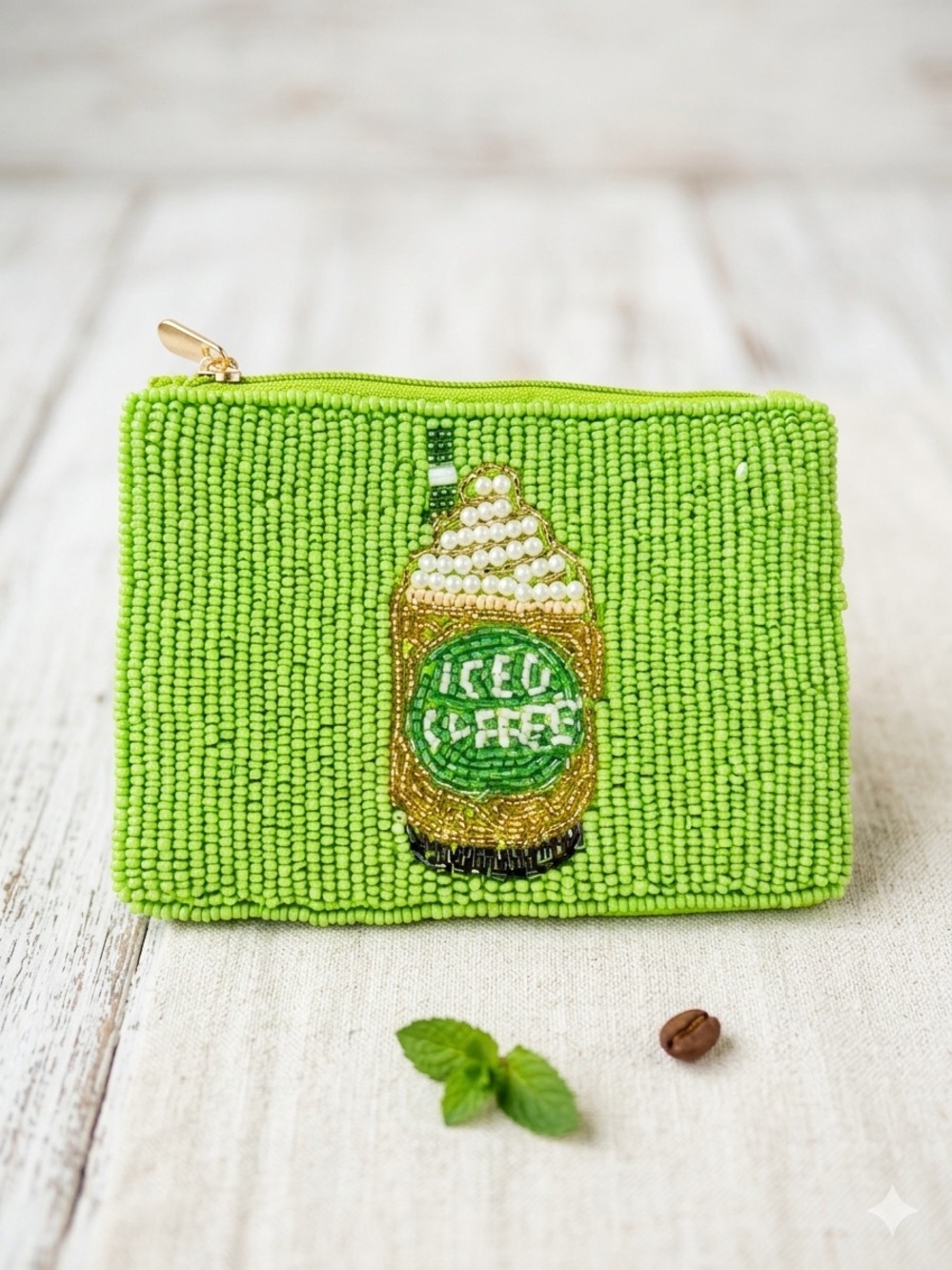 Hand Beaded Lime Green Iced Coffee Zip Pouch new